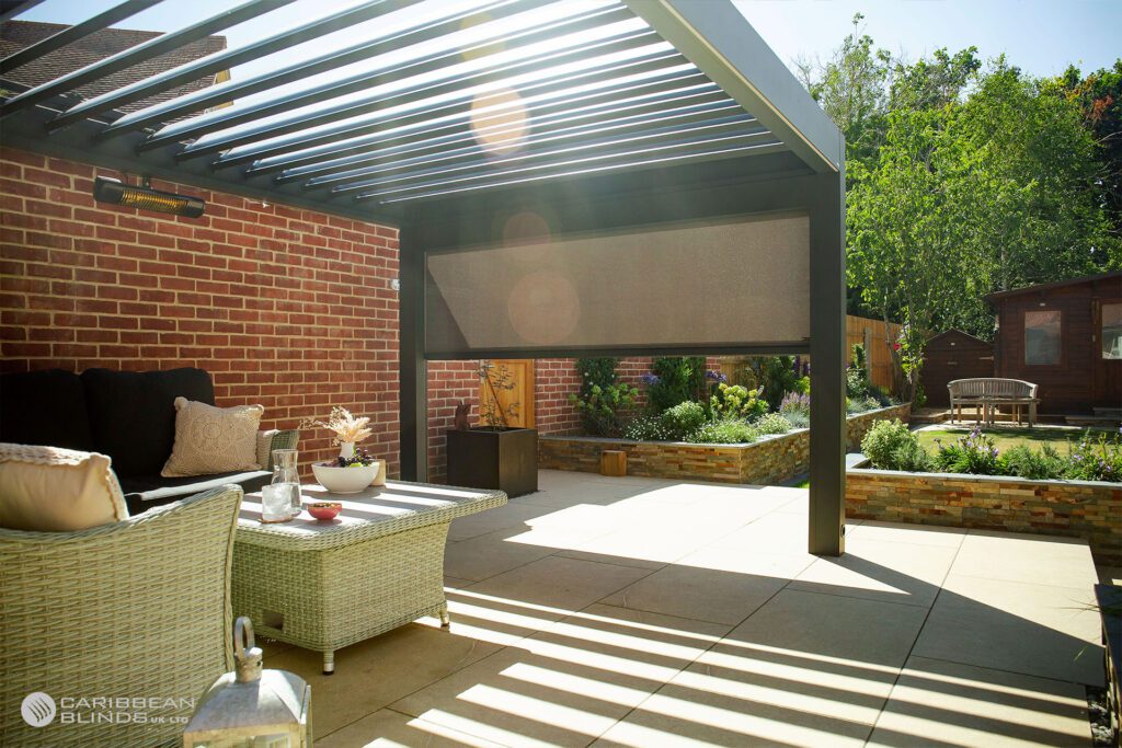 A roll down side screen on a luxury pergola