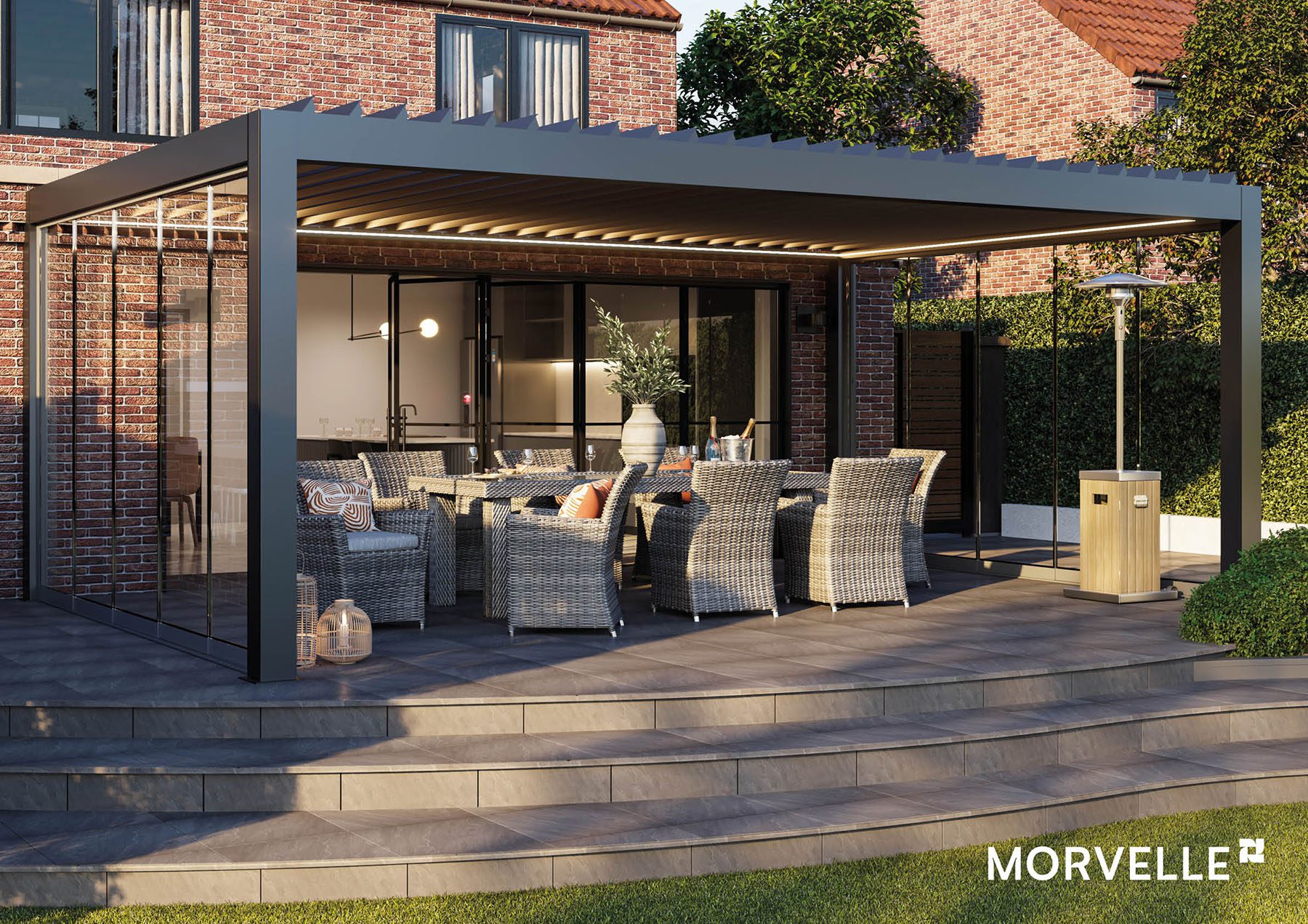 Custom 1 A metal Pergola with a louvered glass roof in a garden