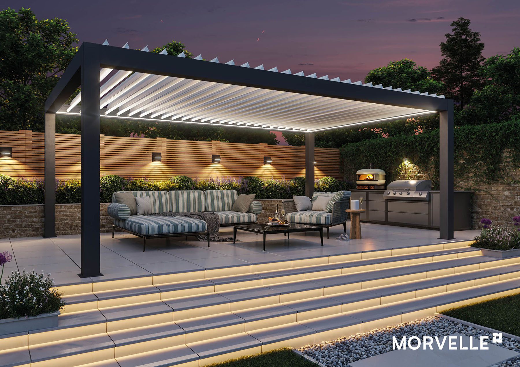 Custom 2 A metal Pergola with a louvered glass roof with furniture underneath