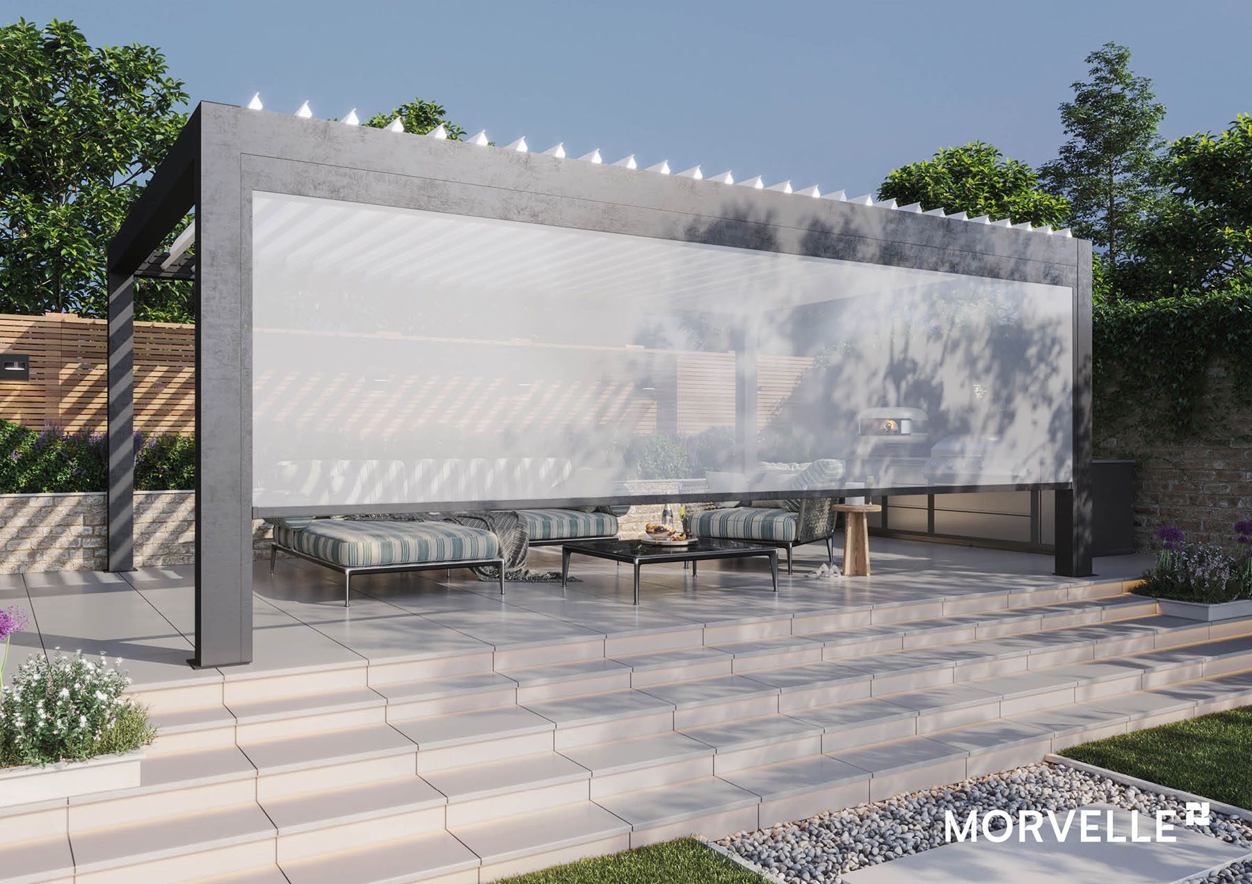 Custom 4 A metal Pergola with a louvered glass roof and a side cover