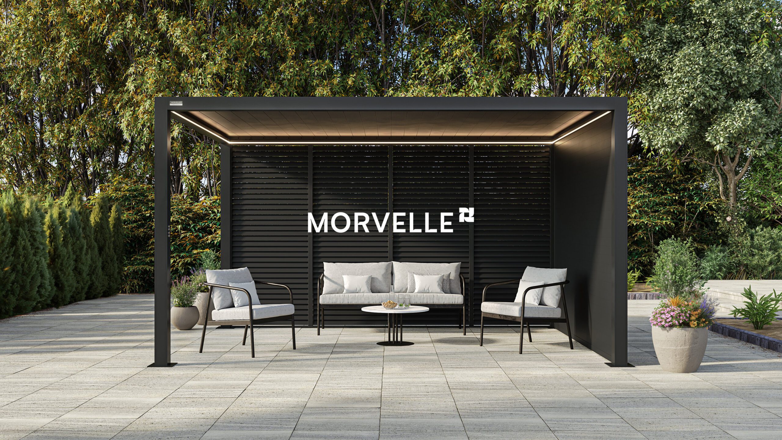 Main Image - Select A morvelle louvered roof pergola sat upon a slabbed garden