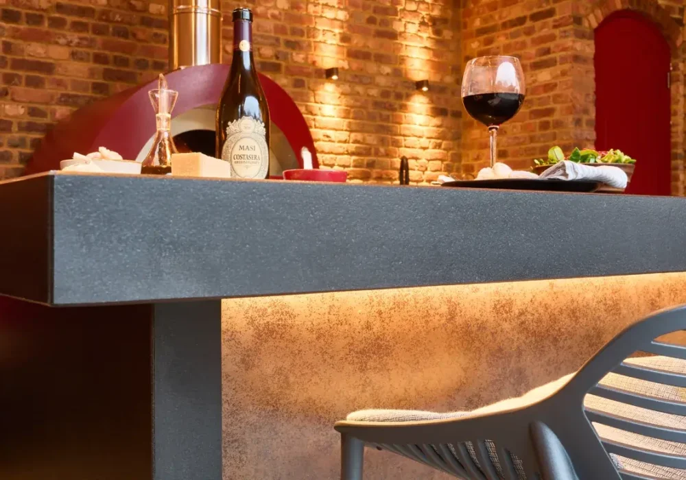 The worktop edge of an outdoor kitchen